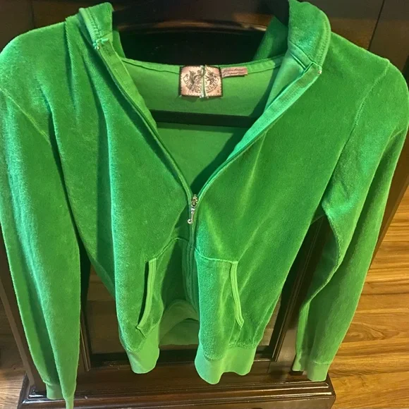 Juicy Couture Vintage Sz S Green Terry Cloth Hoodie w Gold & Crystal Design - Picture 3 of 15